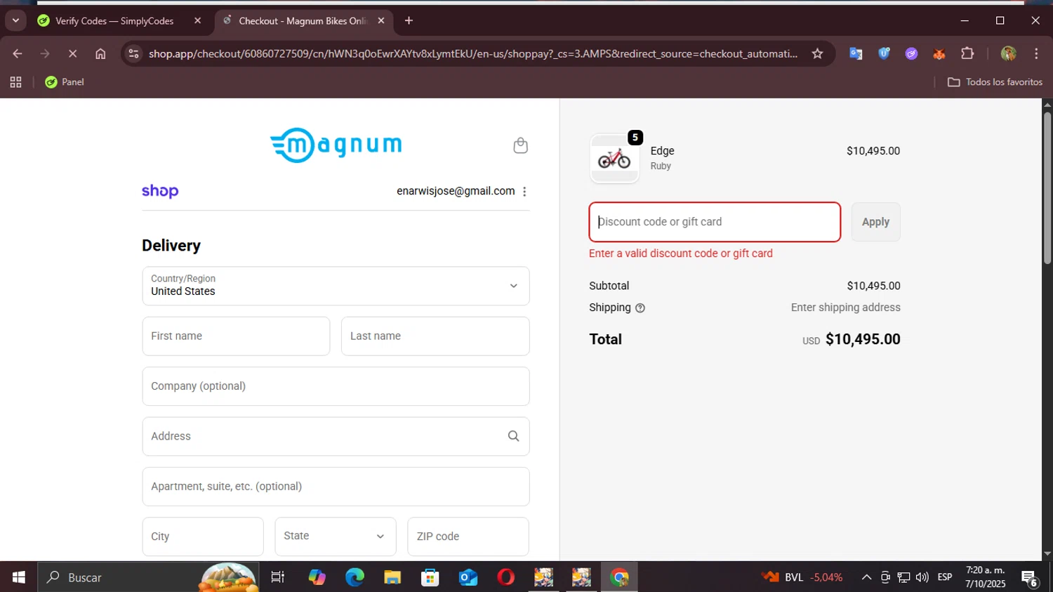 Magnum Bikes promo code screenshot showing code COSTCOGEAR25 applied at Magnum Bikes checkout page. Uploaded by SimplyCodes community member Demogorgon on Oct 7, 2025
