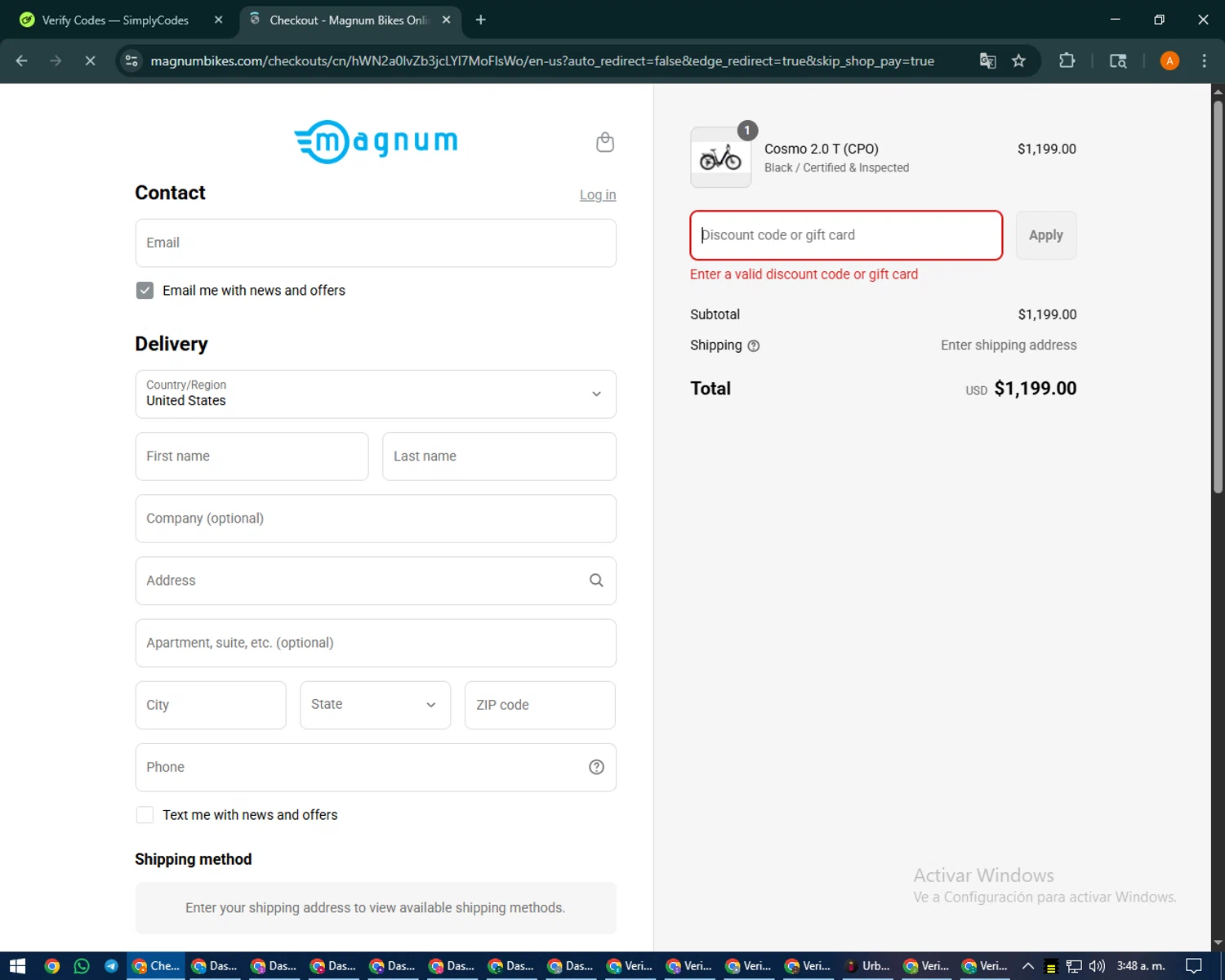 Magnum Bikes promo code screenshot showing code SENDOFF300 applied at Magnum Bikes checkout page. Uploaded by SimplyCodes community member MoneyPhoenix4664 on Sep 4, 2025