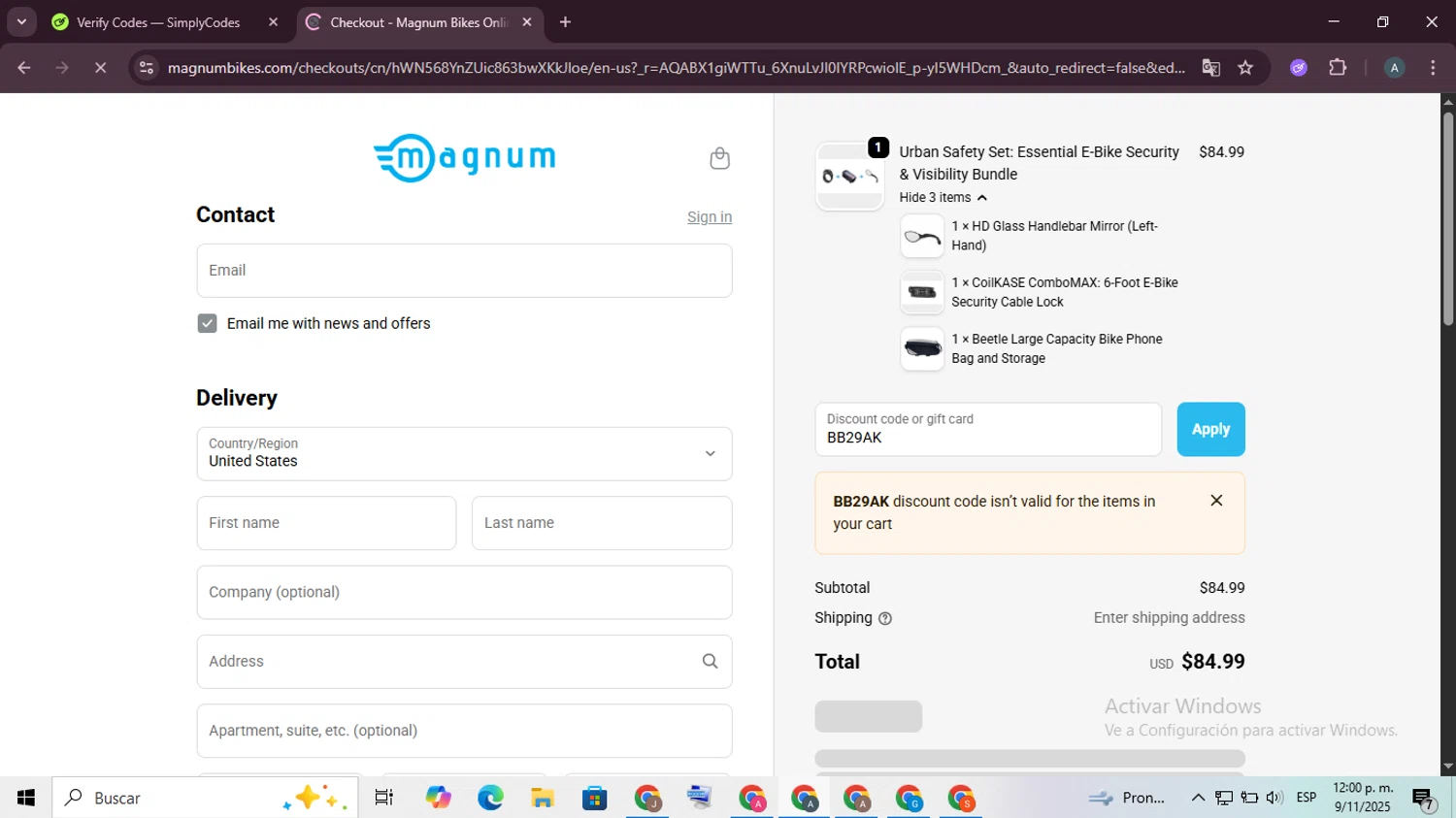 Magnum Bikes promo code screenshot showing code BB29AK applied at Magnum Bikes checkout page. Uploaded by SimplyCodes community member ScanSpotter8851 on Nov 9, 2025