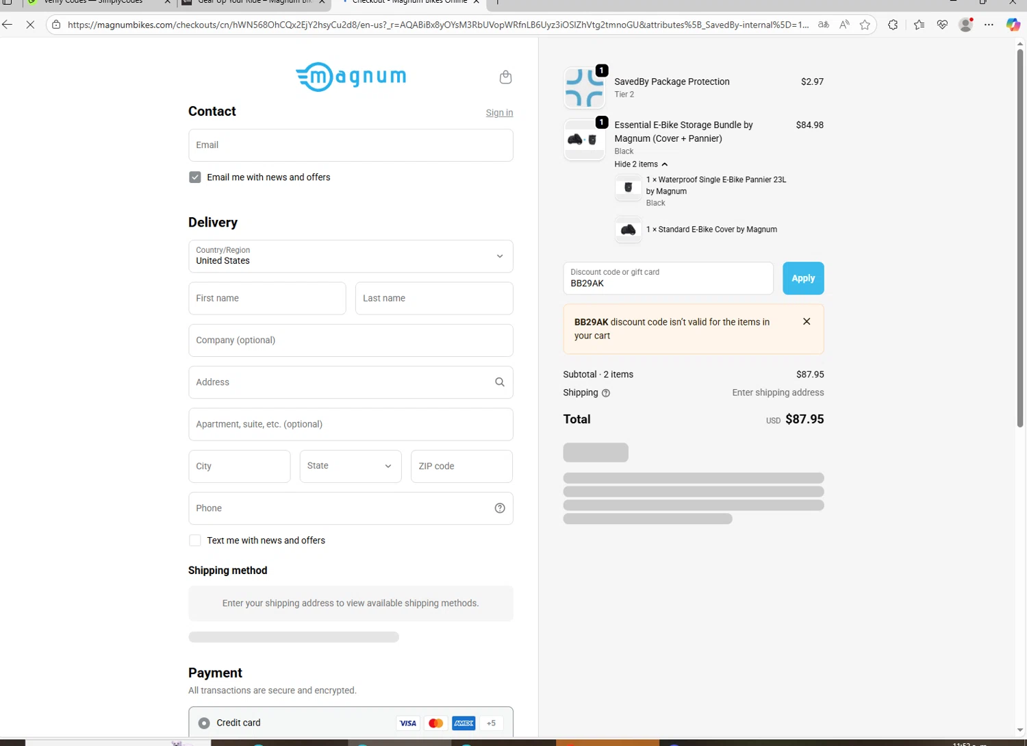 Magnum Bikes promo code screenshot showing code BB29AK applied at Magnum Bikes checkout page. Uploaded by SimplyCodes community member holasfosi on Nov 9, 2025