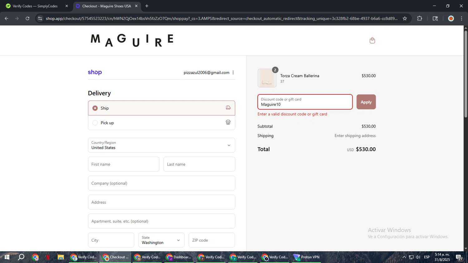 Maguire Shoes discount code screenshot showing code Maguire10 applied at Maguire Shoes checkout page. Uploaded by SimplyCodes community member BonusCaptain9927 on Aug 31, 2025