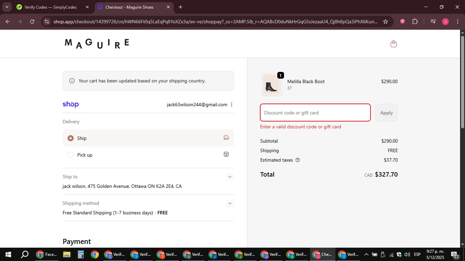 Maguire Shoes discount code screenshot showing code WELCOMEMAGUIRE10 applied at Maguire Shoes checkout page. Uploaded by SimplyCodes community member JackWilson63 on Dec 6, 2025