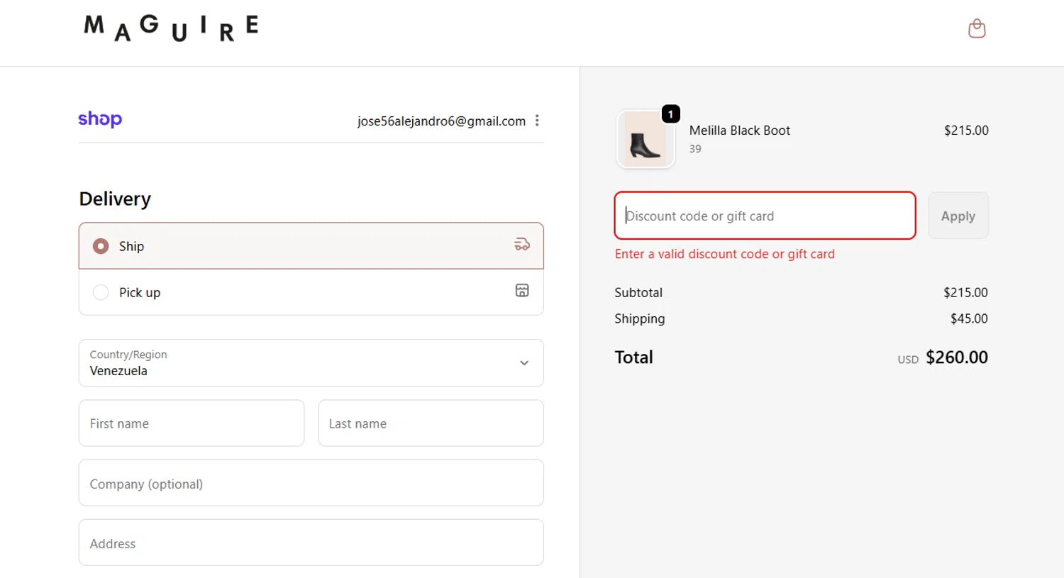 Maguire Shoes discount code screenshot showing code WELCOMEMAGUIRE10 applied at Maguire Shoes checkout page. Uploaded by SimplyCodes community member Kmacho on Dec 5, 2025