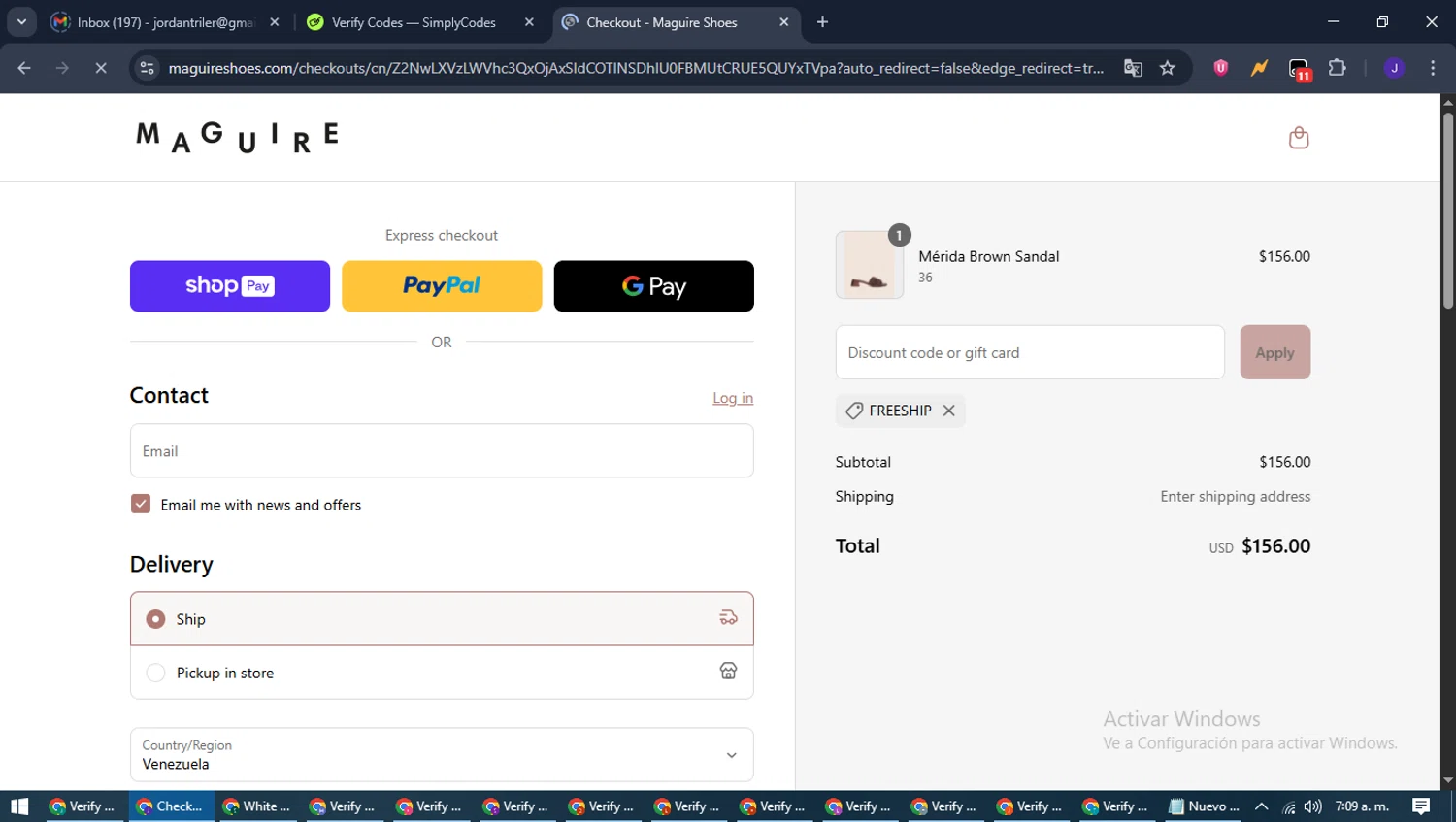 Maguire Shoes discount code screenshot showing code FREESHIP applied at Maguire Shoes checkout page. Uploaded by SimplyCodes community member LegendaryLegend9872 on May 28, 2025