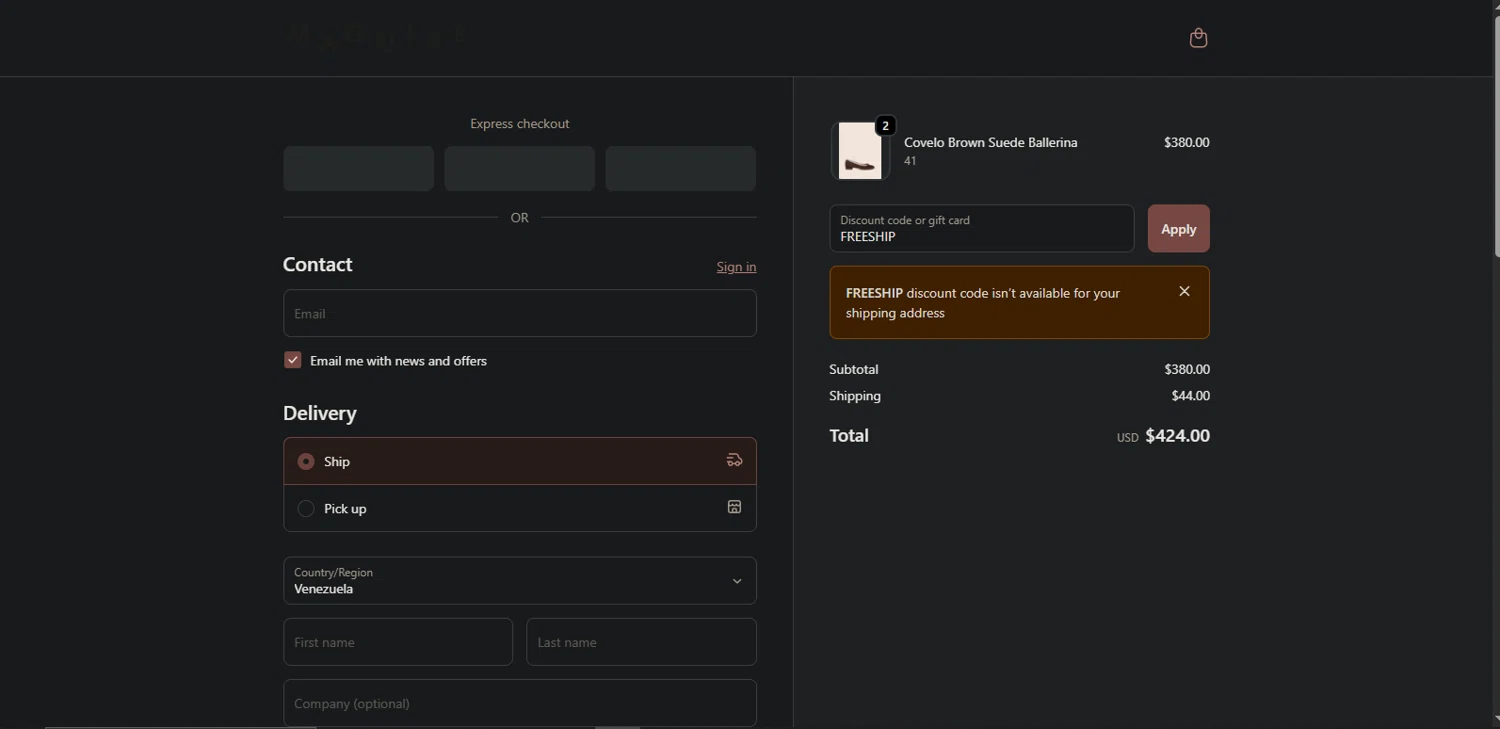 Maguire Shoes discount code screenshot showing code FREESHIP applied at Maguire Shoes checkout page. Uploaded by SimplyCodes community member TreasureMaestro5413 on Oct 23, 2025