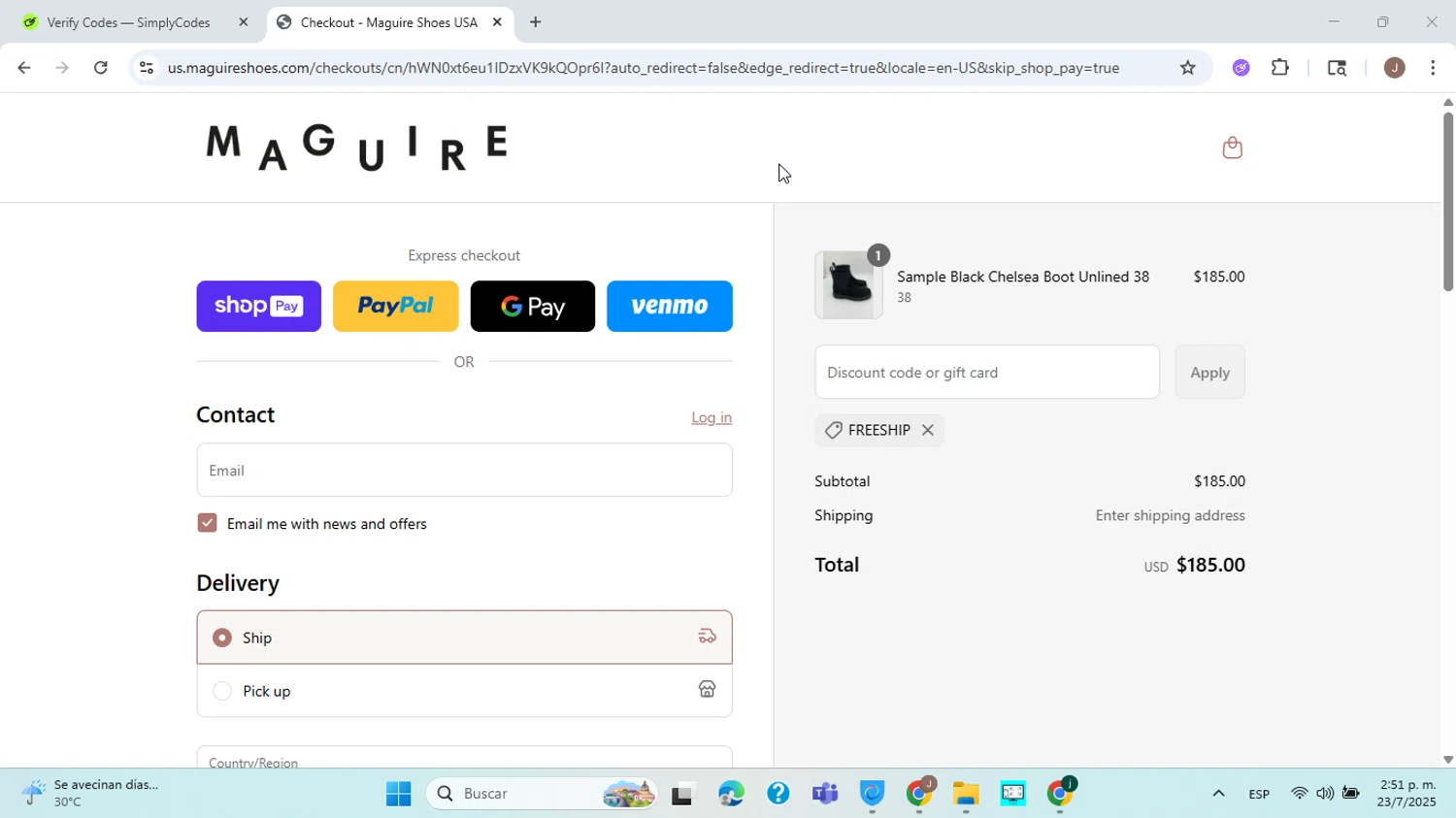 Maguire Shoes discount code screenshot showing code FREESHIP applied at Maguire Shoes checkout page. Uploaded by SimplyCodes community member jorgejavierherrera on Jul 23, 2025