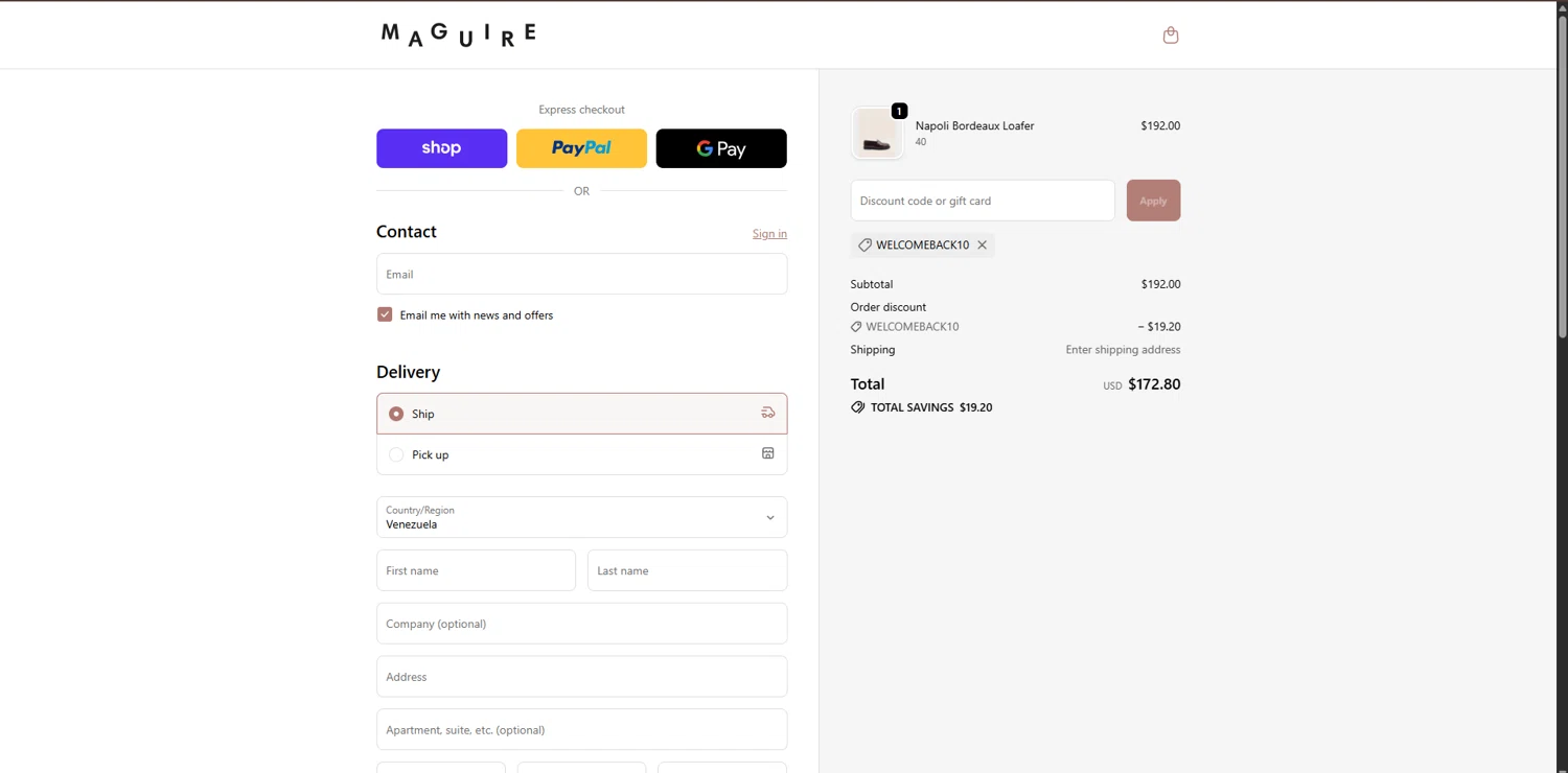 Maguire Shoes discount code screenshot showing code WELCOMEBACK10 applied at Maguire Shoes checkout page. Uploaded by SimplyCodes community member RebatePioneer1295 on Nov 25, 2025