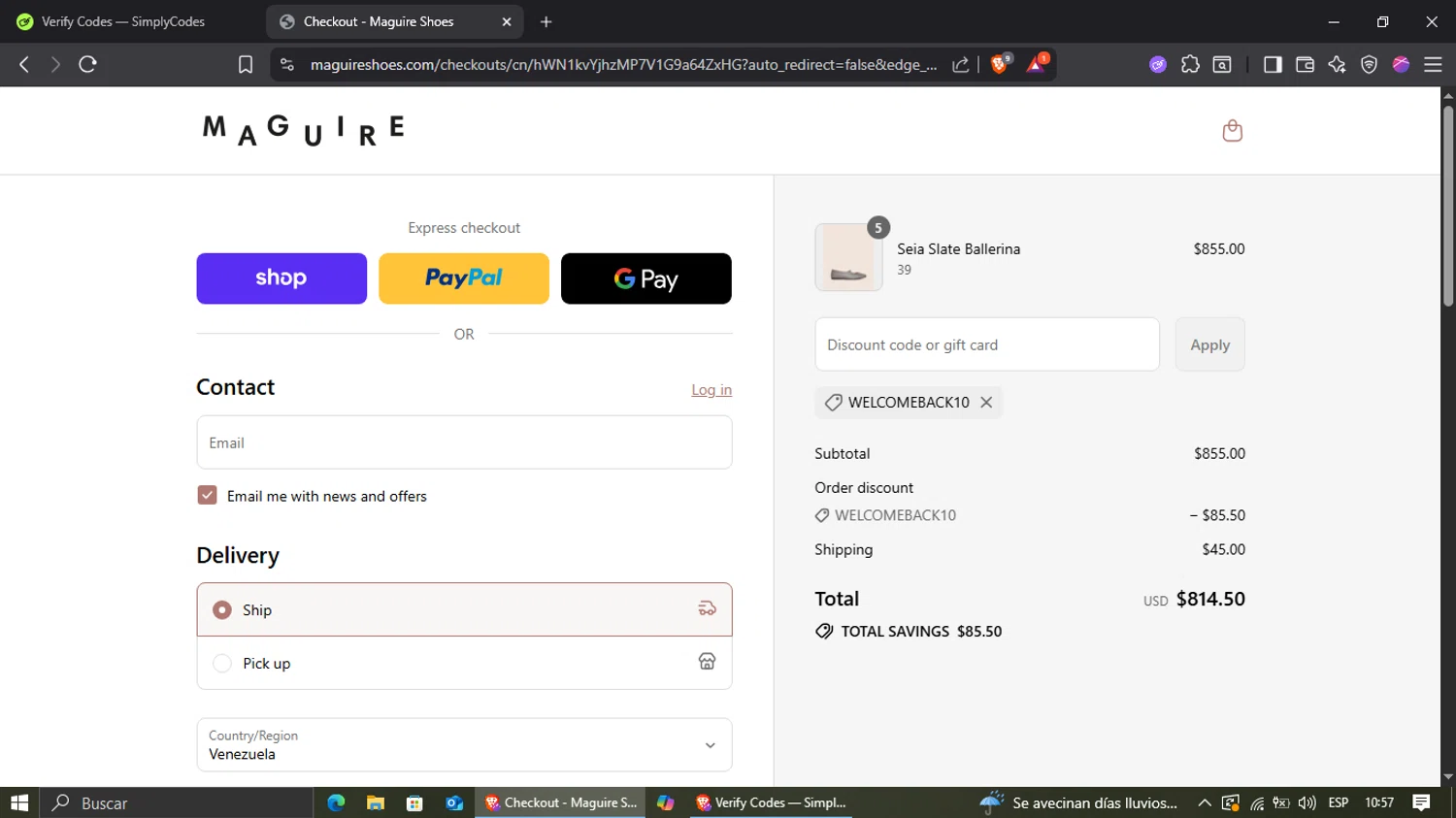 Maguire Shoes discount code screenshot showing code WELCOMEBACK10 applied at Maguire Shoes checkout page. Uploaded by SimplyCodes community member jairinho on Aug 13, 2025
