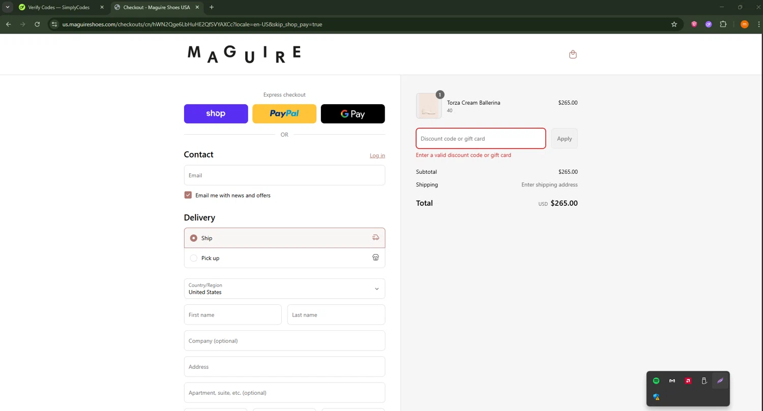 Maguire Shoes discount code screenshot showing code maguire15 applied at Maguire Shoes checkout page. Uploaded by SimplyCodes community member Davoxeneixe on Aug 31, 2025