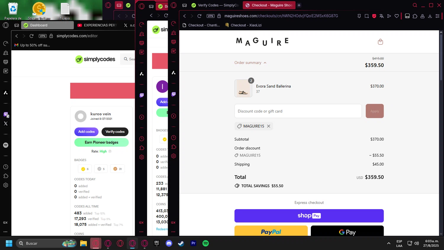 Maguire Shoes discount code screenshot showing code maguire15 applied at Maguire Shoes checkout page. Uploaded by SimplyCodes community member Halanweik on Aug 27, 2025