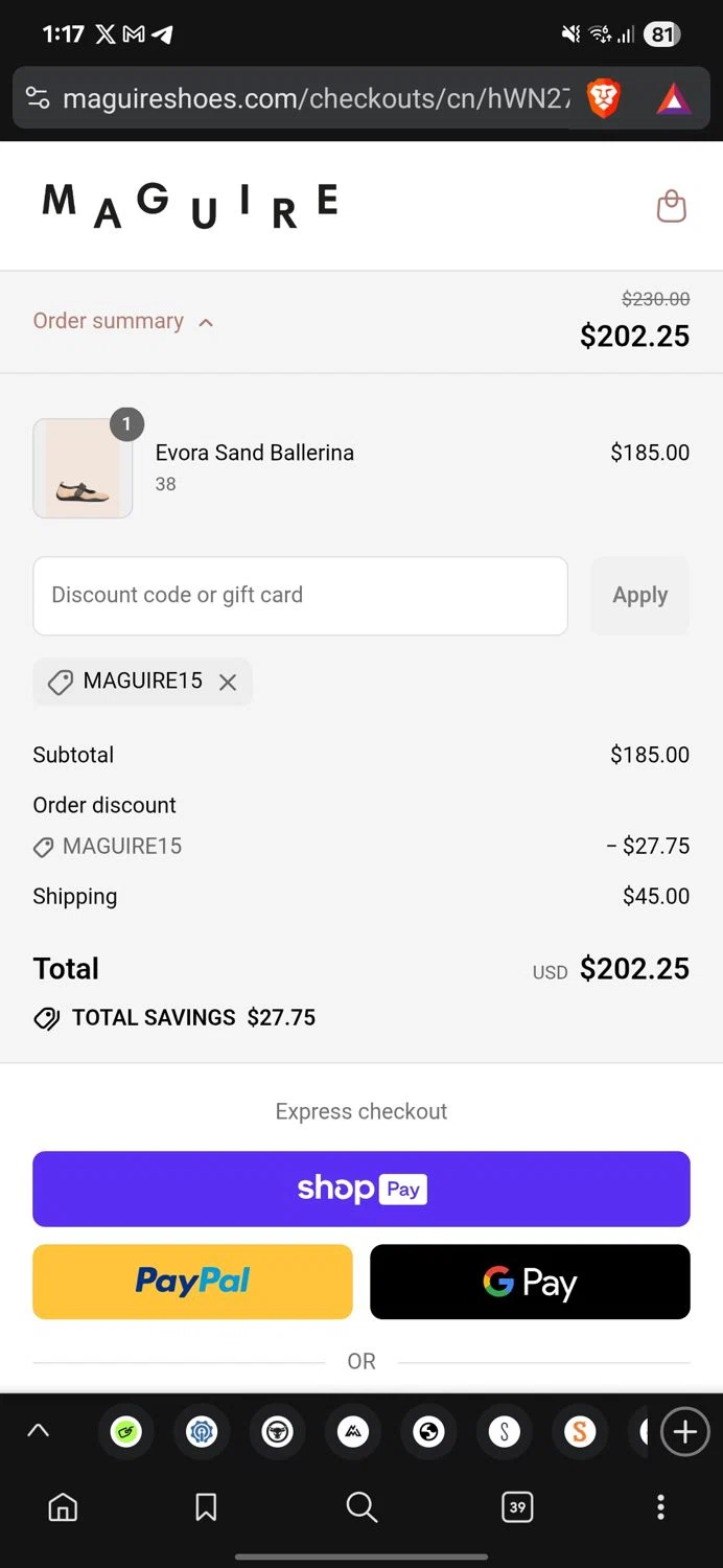 Maguire Shoes discount code screenshot showing code maguire15 applied at Maguire Shoes checkout page. Uploaded by SimplyCodes community member conorgrey on Aug 23, 2025