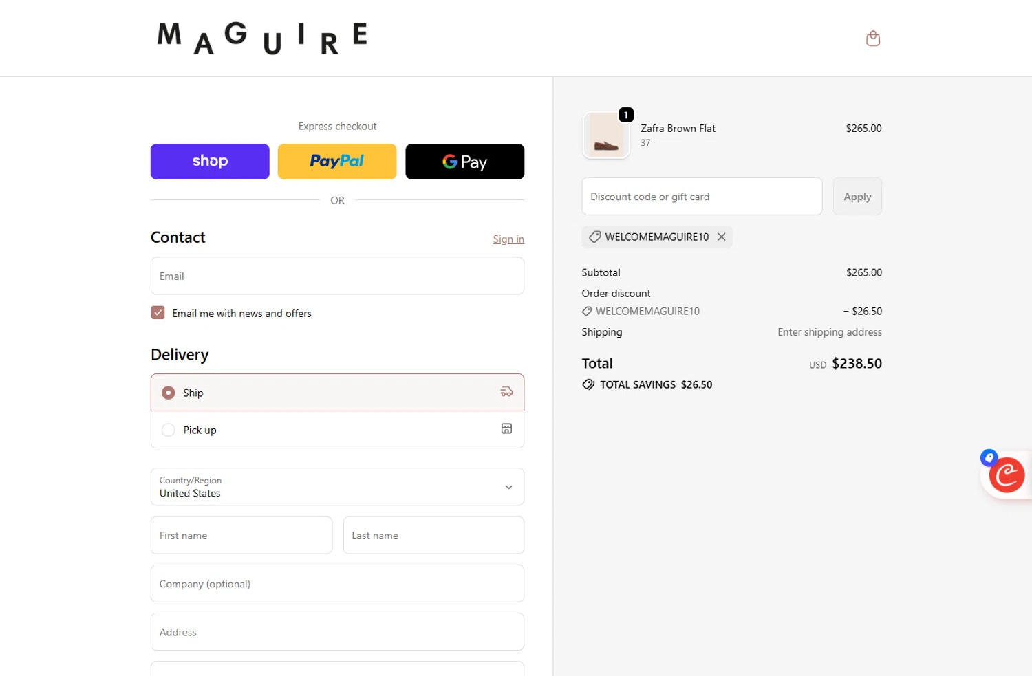 Maguire Shoes discount code screenshot showing code WELCOMEMAGUIRE10 applied at Maguire Shoes checkout page. Uploaded by SimplyCodes community member ivantorres on Dec 22, 2025