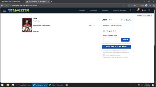 Magzter checkout page showing Magzter coupon code box | Screenshot taken by SimplyCodes community member on May 16, 2025