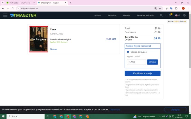 Magzter checkout page showing Magzter coupon code box | Screenshot taken by SimplyCodes community member on Apr 7, 2025
