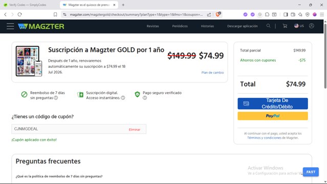 Magzter checkout page showing Magzter coupon code box | Screenshot taken by SimplyCodes community member on Jul 18, 2025