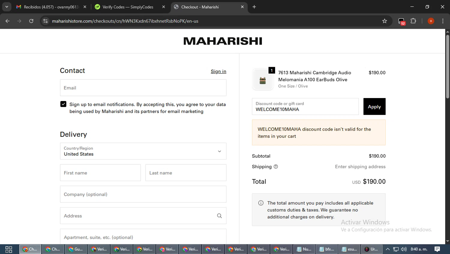 Maharishi promo code screenshot showing code WELCOME10MAHA applied at Maharishi checkout page. Uploaded by SimplyCodes community member WiseTracker2171 on Sep 24, 2025