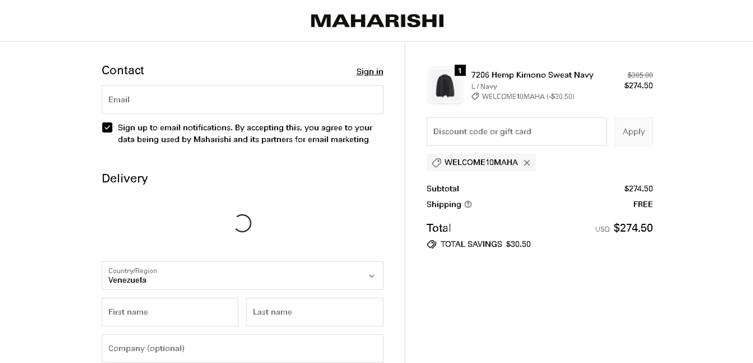 Maharishi promo code screenshot showing code WELCOME10MAHA applied at Maharishi checkout page. Uploaded by SimplyCodes community member BaelorTargaryen on Dec 27, 2025