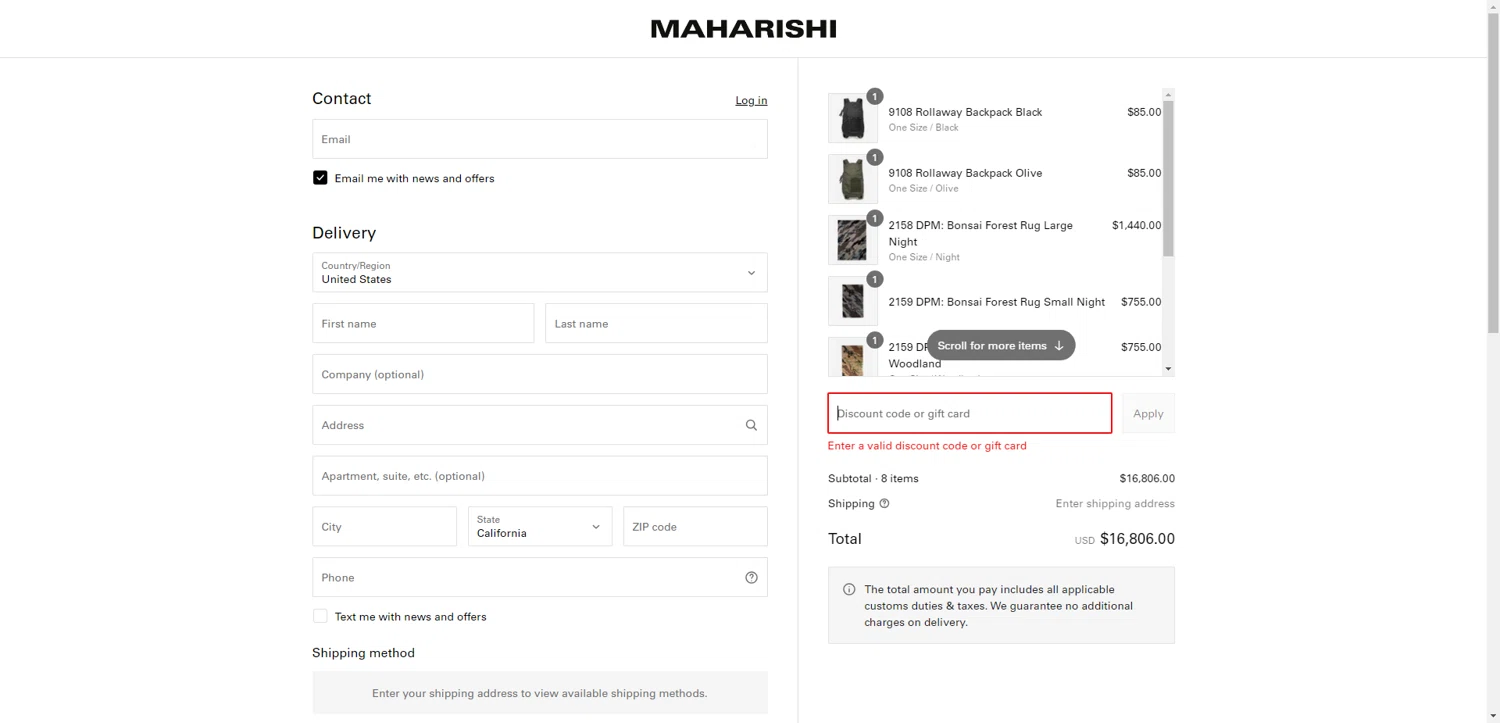 Maharishi promo code screenshot showing code MID20 applied at Maharishi checkout page. Uploaded by SimplyCodes community member CodeRanger8913 on Jun 1, 2025