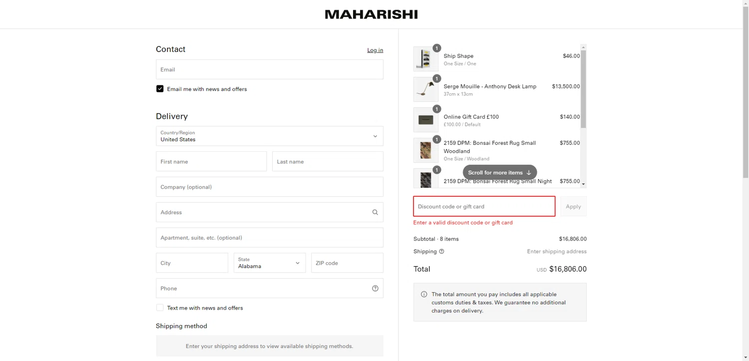 Maharishi promo code screenshot showing code MID20 applied at Maharishi checkout page. Uploaded by SimplyCodes community member SilverChaser3269 on Jun 1, 2025