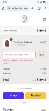 MAHI Leather coupon verification screenshot
