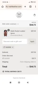 MAHI Leather coupon verification screenshot