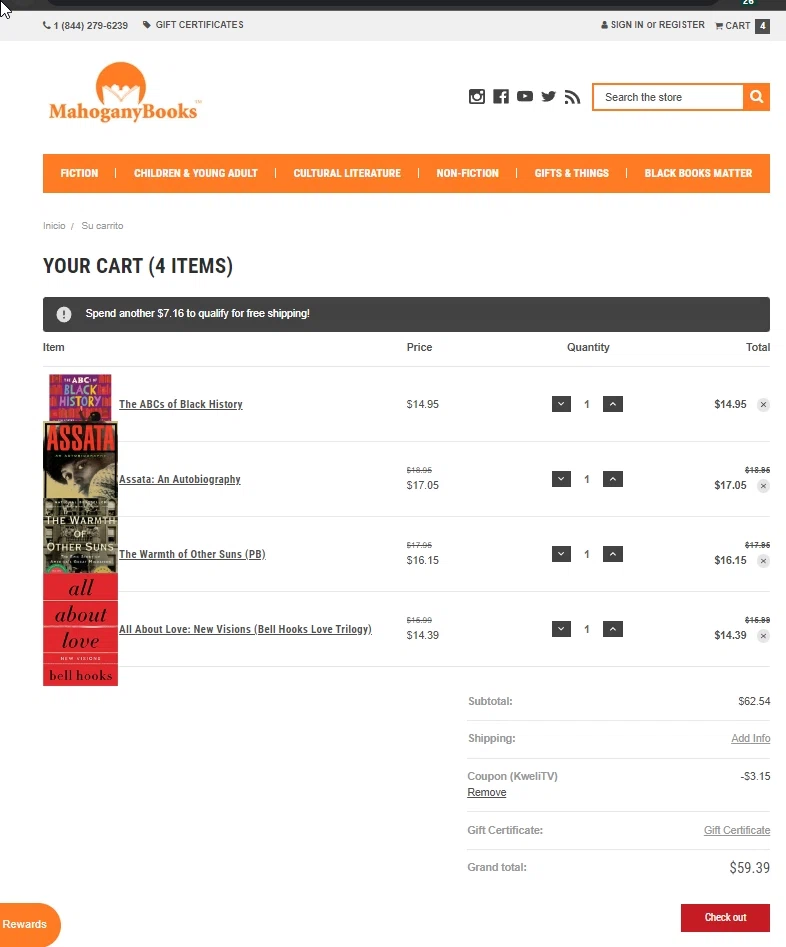 MahoganyBooks checkout page showing MahoganyBooks promo code box | Screenshot taken by SimplyCodes community member on Aug 31, 2022