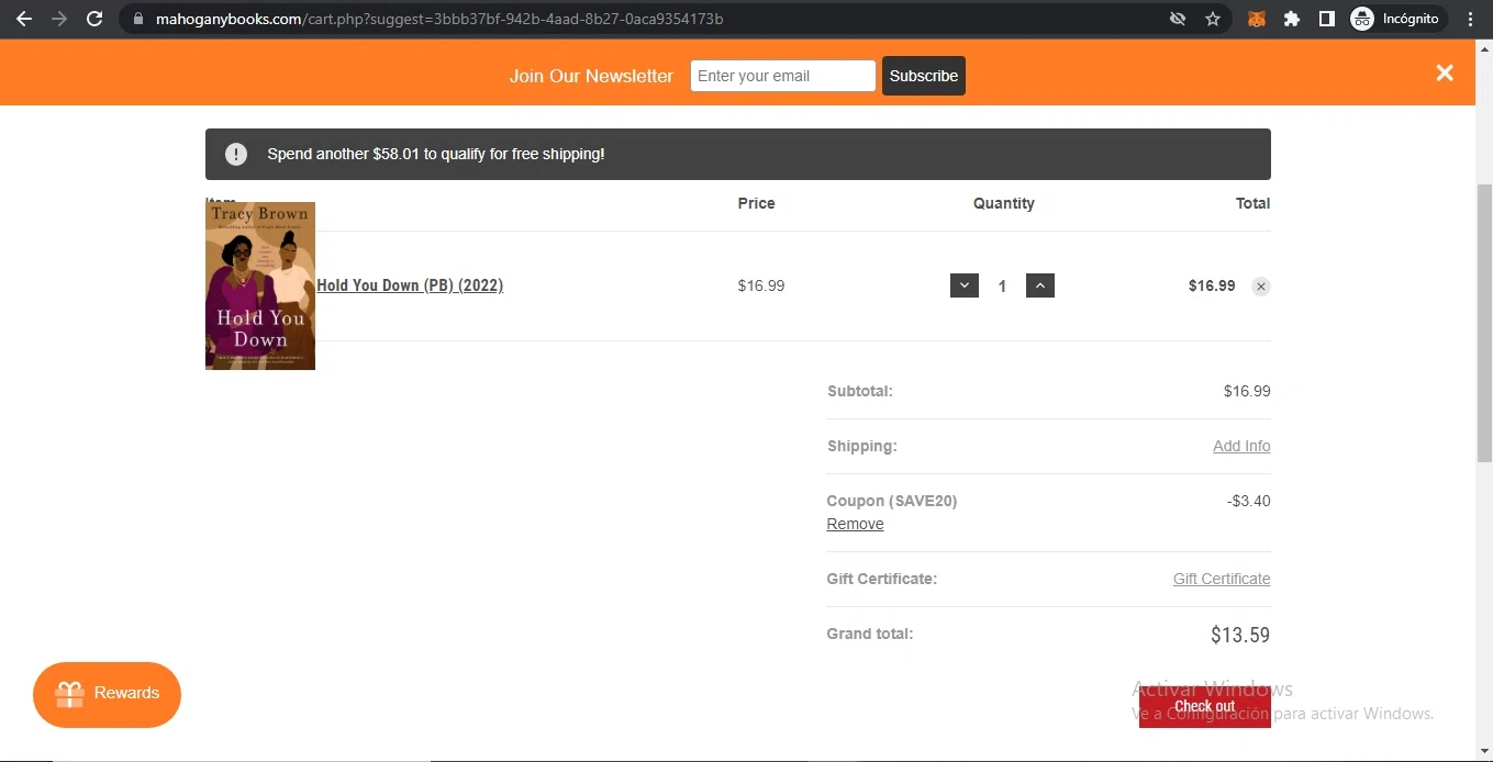 MahoganyBooks checkout page showing MahoganyBooks promo code box | Screenshot taken by SimplyCodes community member on Aug 12, 2022