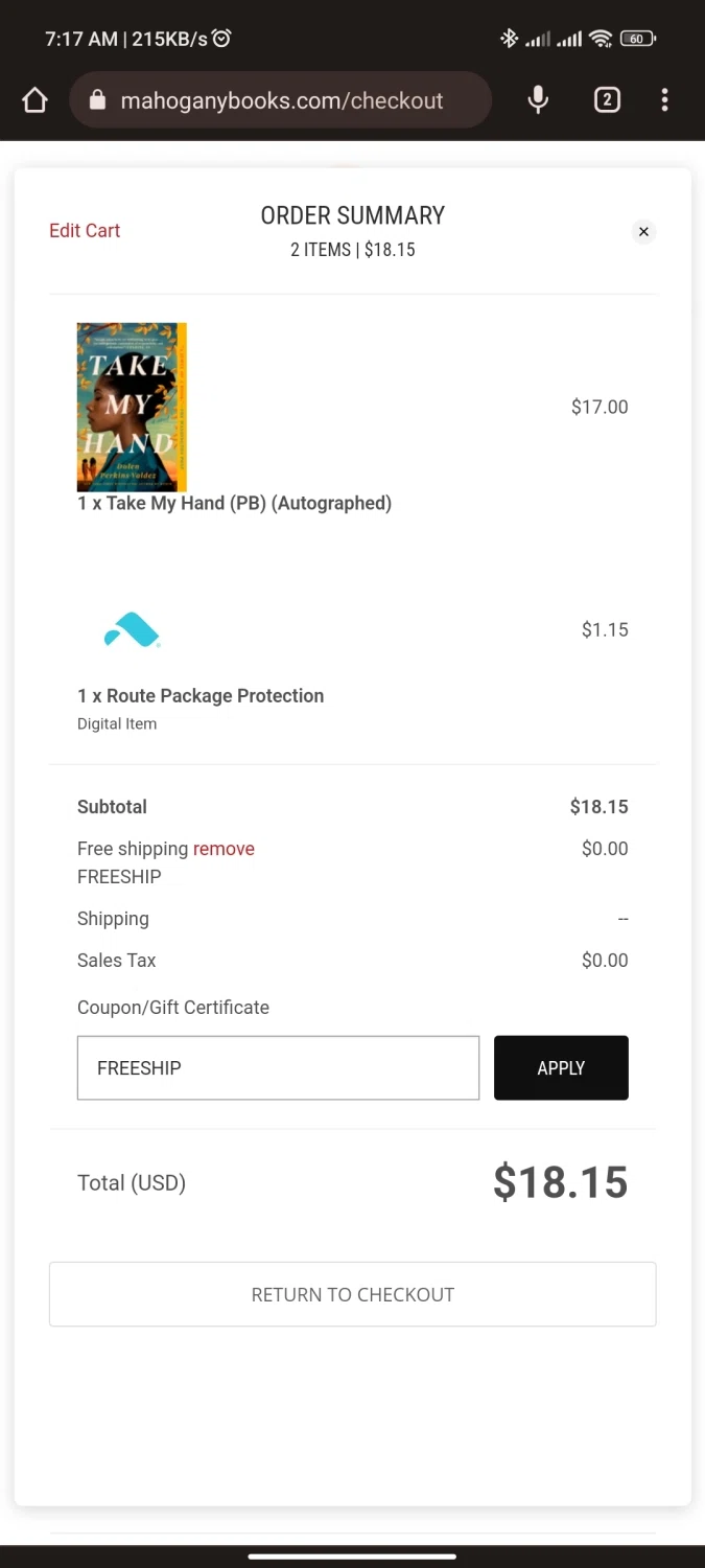 MahoganyBooks checkout page showing MahoganyBooks promo code box | Screenshot taken by SimplyCodes community member on Jul 26, 2023
