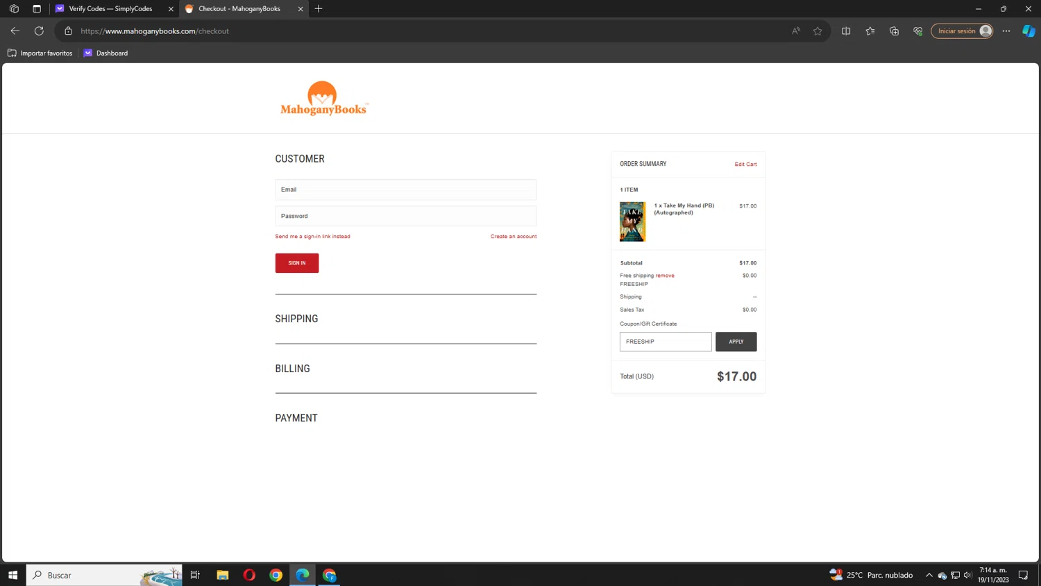 MahoganyBooks checkout page showing MahoganyBooks promo code box | Screenshot taken by SimplyCodes community member on Nov 19, 2023