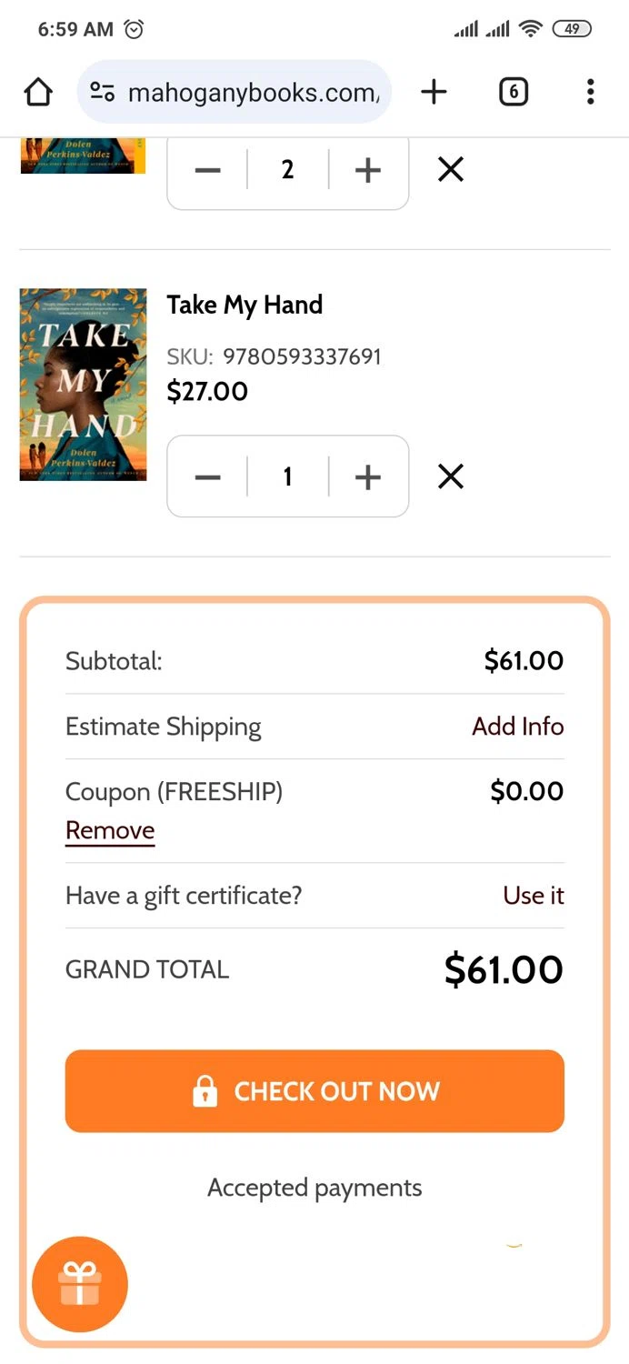 MahoganyBooks checkout page showing MahoganyBooks promo code box | Screenshot taken by SimplyCodes community member on Jul 5, 2024