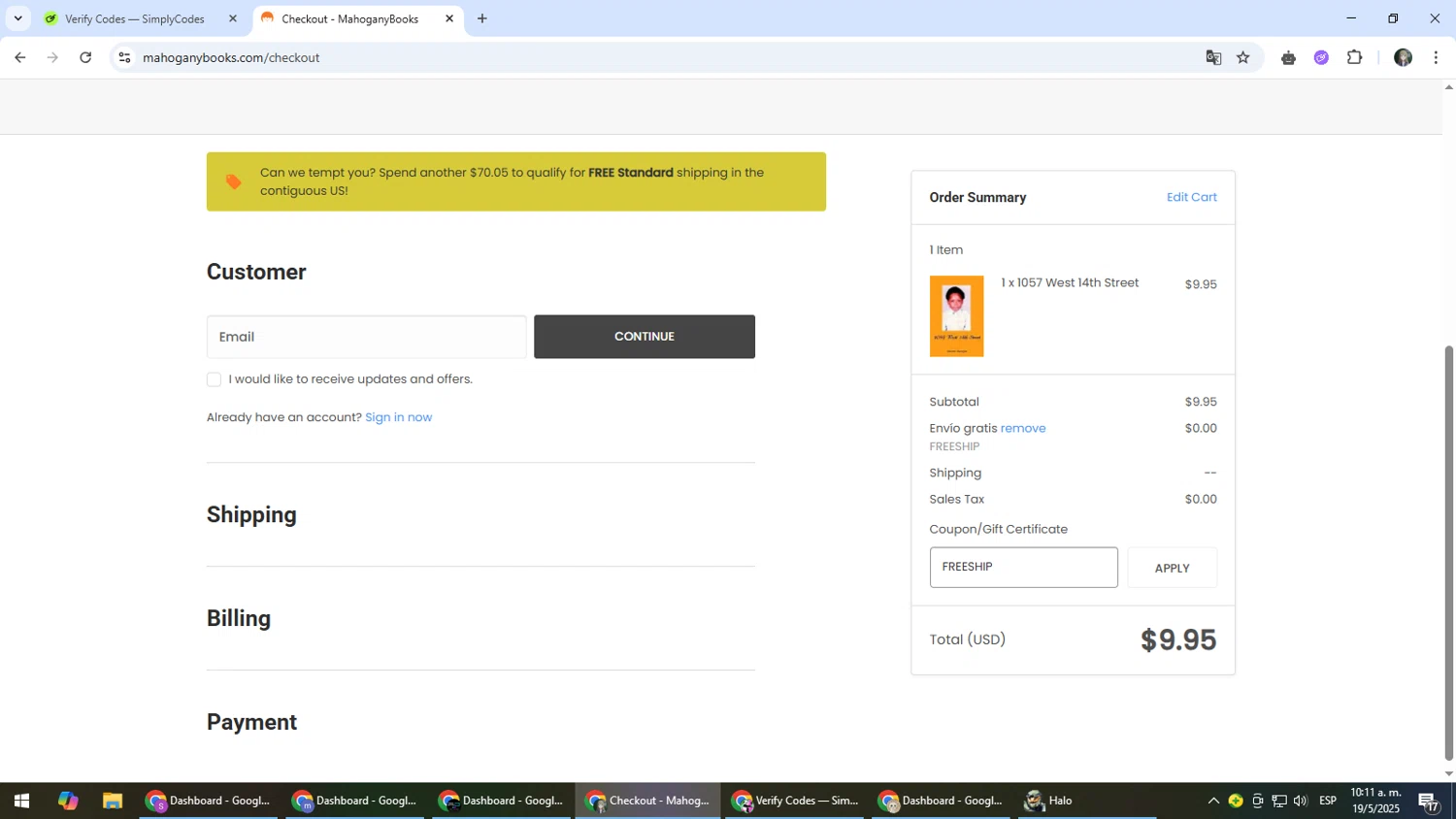 MahoganyBooks promo code screenshot showing code FREESHIP applied at MahoganyBooks checkout page. Uploaded by SimplyCodes community member CleverLynx6871 on May 19, 2025