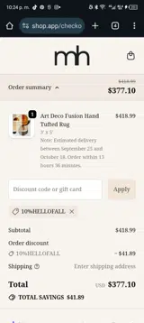 10%HELLOFALL coupon verification screenshot