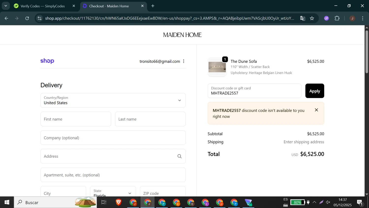 Maiden Home discount code screenshot showing code MHTRADE2557 applied at Maiden Home checkout page. Uploaded by SimplyCodes community member Jeffersontorrealba on Dec 5, 2025