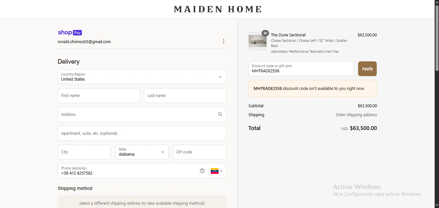 Maiden Home discount code screenshot showing code MHTRADE2558 applied at Maiden Home checkout page. Uploaded by SimplyCodes community member PennySage5996 on May 1, 2025