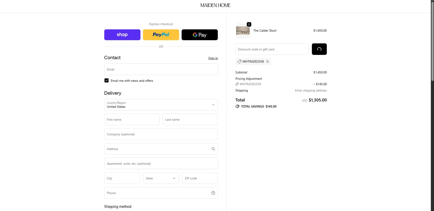 Maiden Home discount code screenshot showing code MHTRADE2558 applied at Maiden Home checkout page. Uploaded by SimplyCodes community member SavvyLynx6076 on Oct 30, 2025