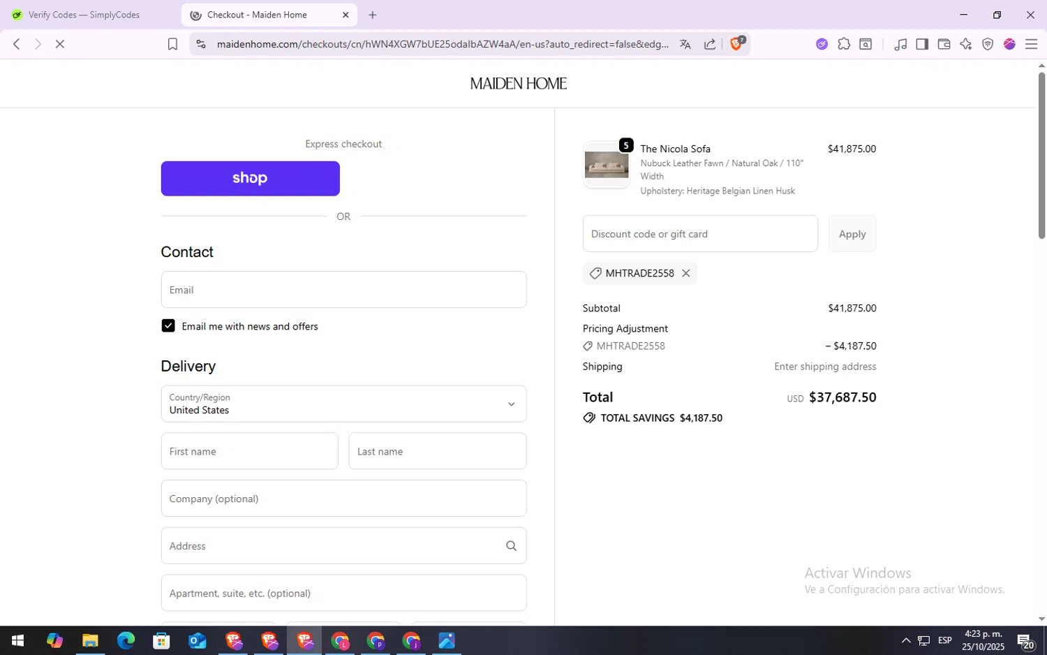 Maiden Home discount code screenshot showing code MHTRADE2558 applied at Maiden Home checkout page. Uploaded by SimplyCodes community member VoucherSpotter6910 on Oct 25, 2025
