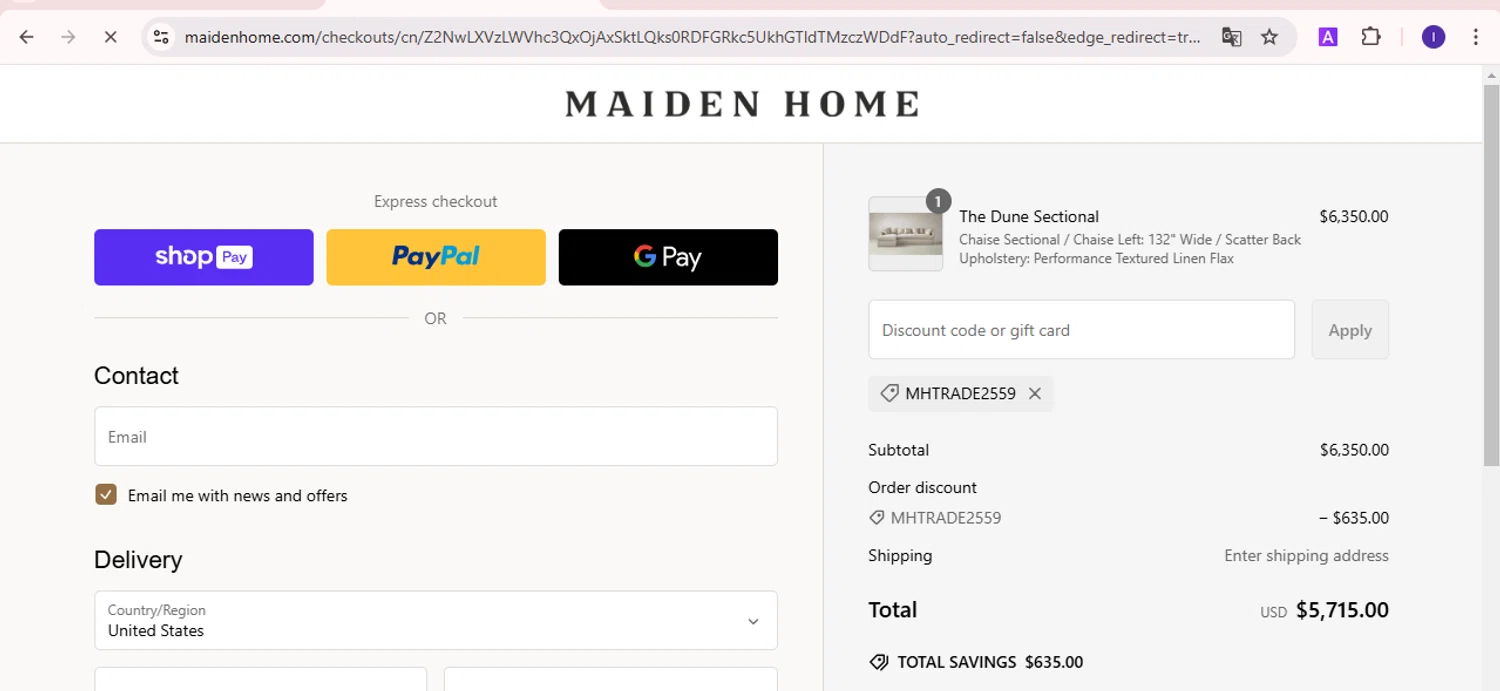 Maiden Home discount code screenshot showing code MHTRADE2559 applied at Maiden Home checkout page. Uploaded by SimplyCodes community member rafael2 on Feb 8, 2025
