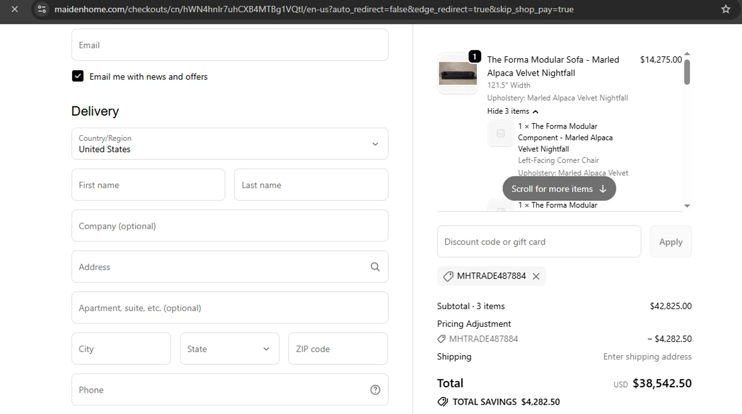 Maiden Home discount code screenshot showing code MHTRADE487884 applied at Maiden Home checkout page. Uploaded by SimplyCodes community member argenygalvez on Oct 30, 2025