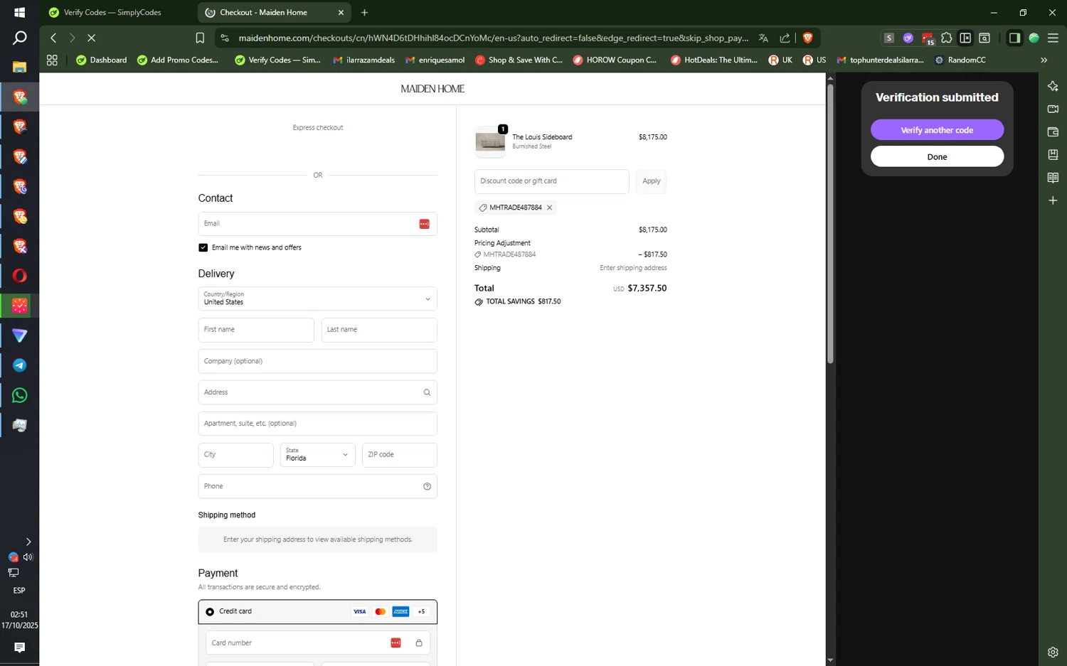 Maiden Home discount code screenshot showing code MHTRADE487884 applied at Maiden Home checkout page. Uploaded by SimplyCodes community member SilentNova8472 on Oct 17, 2025