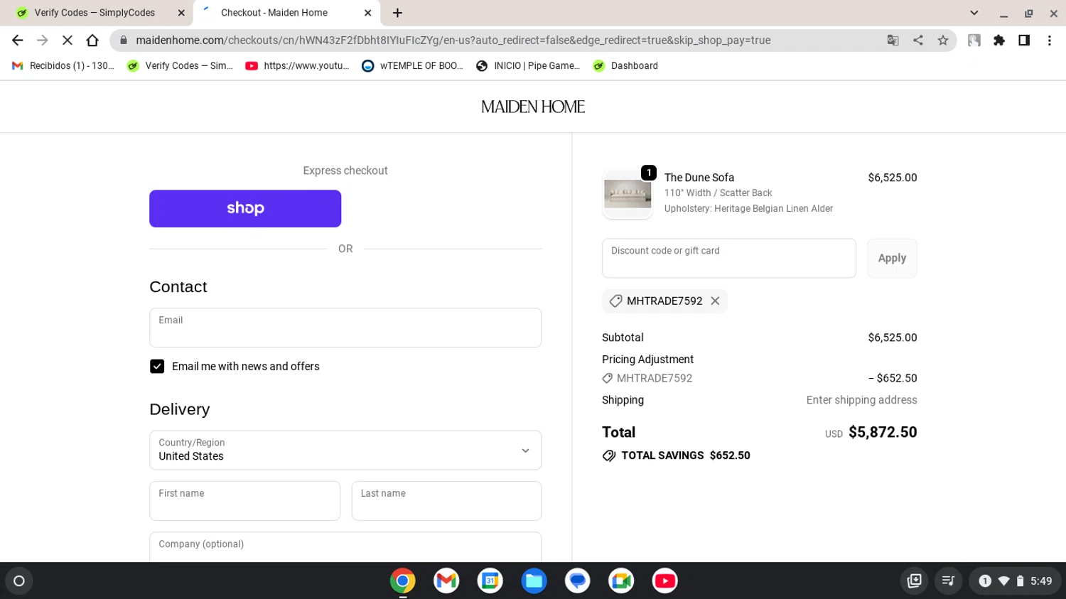Maiden Home discount code screenshot showing code MHTRADE7592 applied at Maiden Home checkout page. Uploaded by SimplyCodes community member CleverTiger7018 on Oct 13, 2025