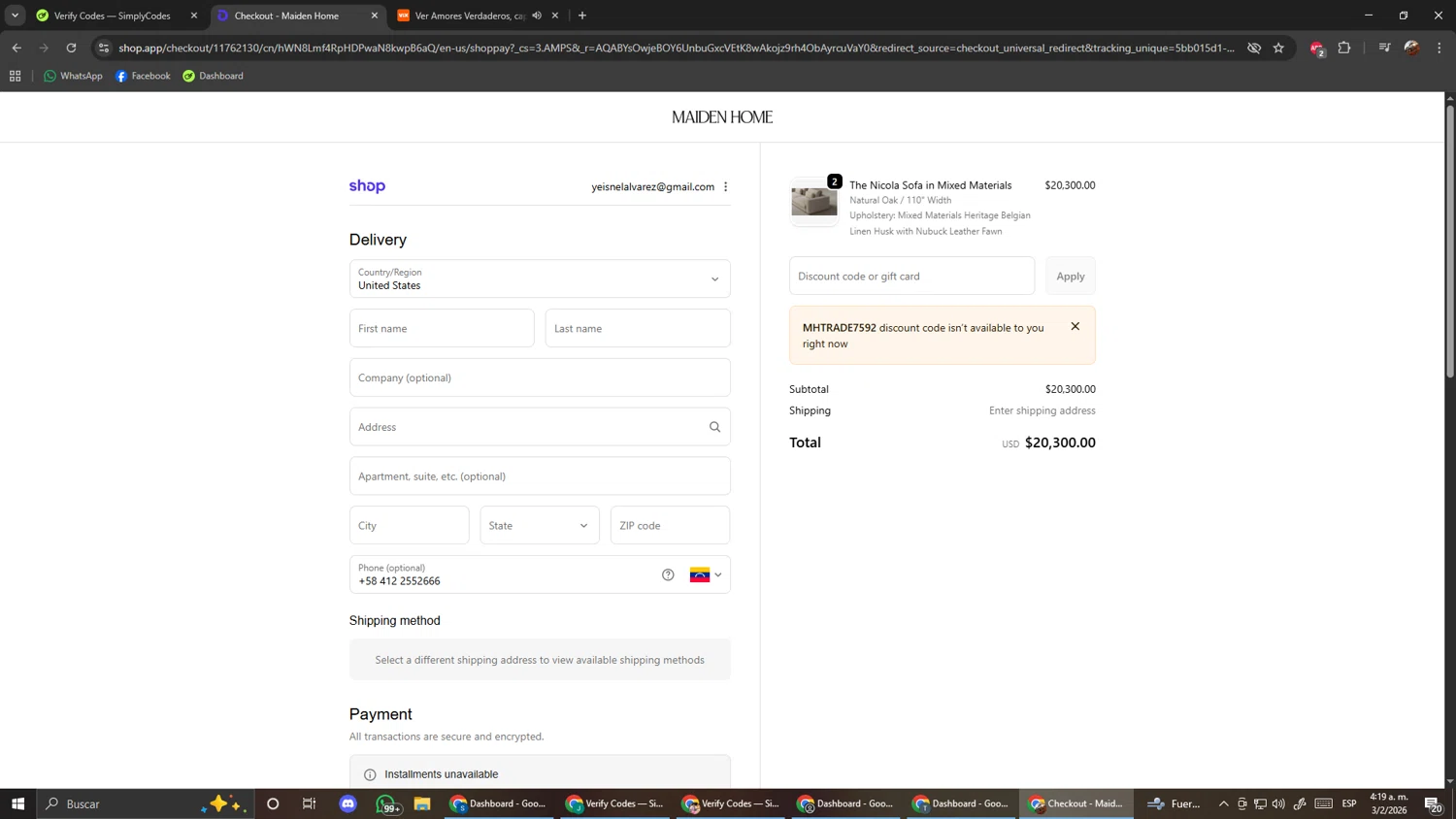 Maiden Home discount code screenshot showing code MHTRADE7592 applied at Maiden Home checkout page. Uploaded by SimplyCodes community member ScanShopper554 on Feb 3, 2026