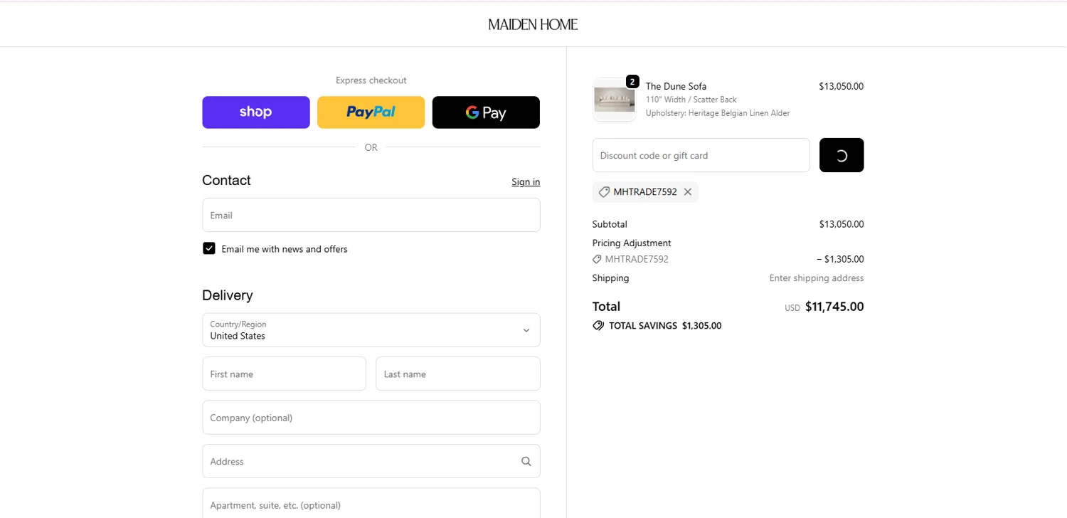 Maiden Home discount code screenshot showing code MHTRADE7592 applied at Maiden Home checkout page. Uploaded by SimplyCodes community member TOTONEROFL on Dec 8, 2025