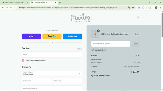 Maileg checkout page showing Maileg discount code box | Screenshot taken by SimplyCodes community member on Sep 10, 2025