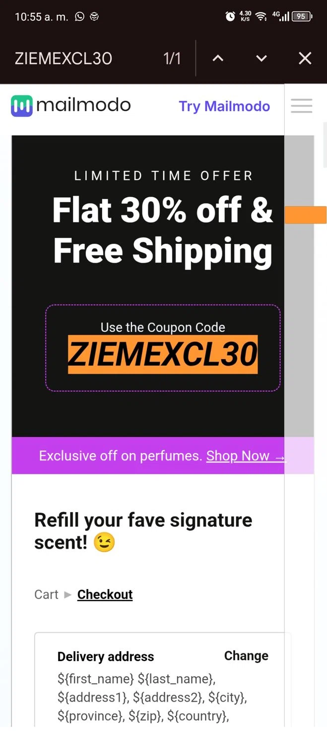 Mailmodo promo code screenshot showing code ZIEMEXCL30 applied at Mailmodo checkout page. Uploaded by SimplyCodes community member ITSO1676764508225 on Oct 13, 2025