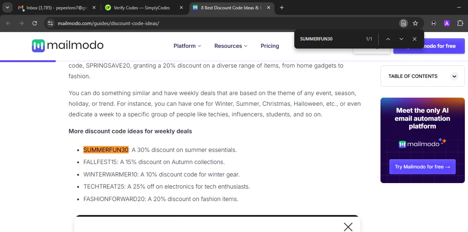 Mailmodo promo code screenshot showing code SUMMERFUN30 applied at Mailmodo checkout page. Uploaded by SimplyCodes community member Eminem on Oct 27, 2025