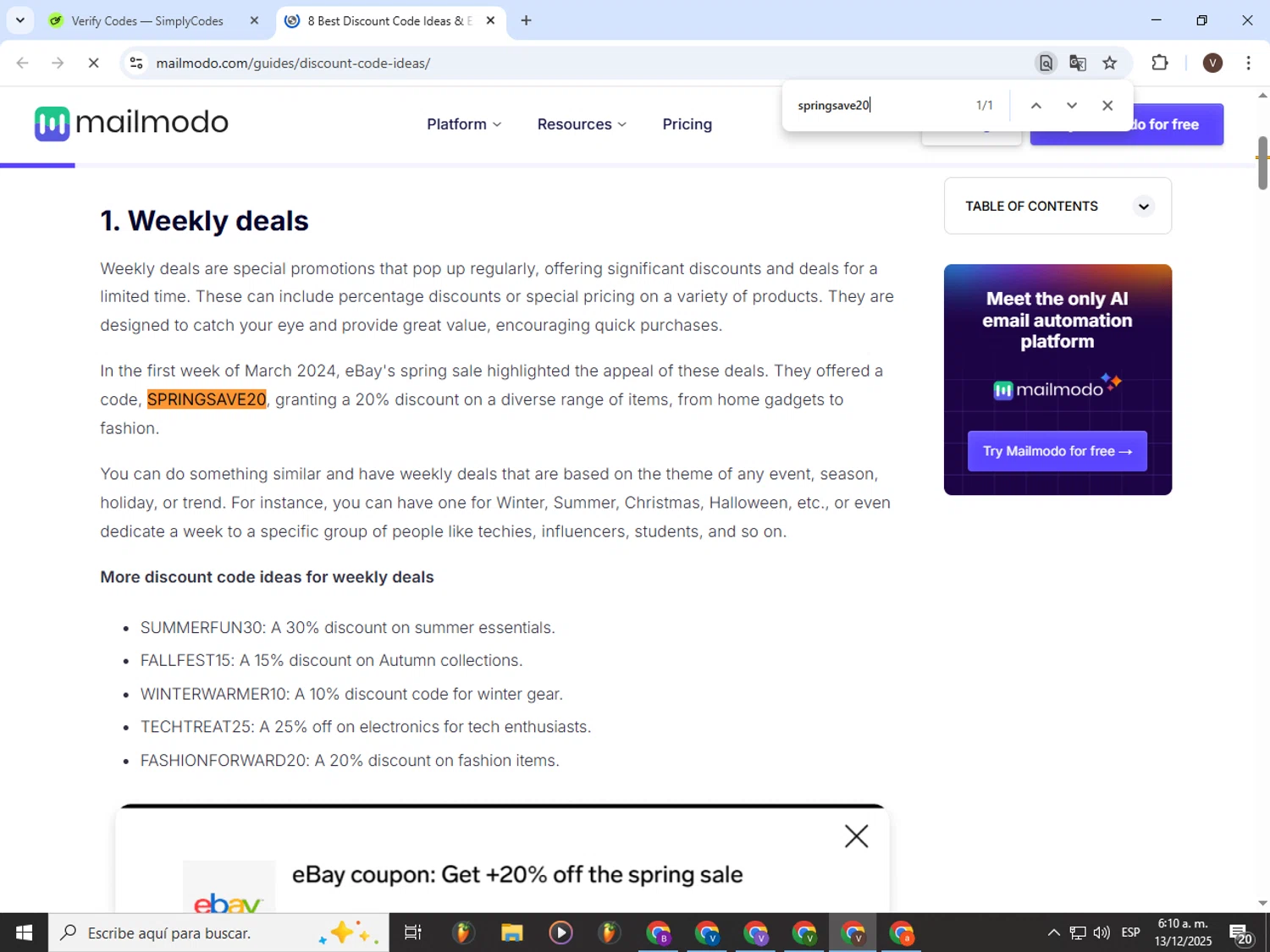 Mailmodo promo code screenshot showing code springsave20 applied at Mailmodo checkout page. Uploaded by SimplyCodes community member CashLion3448 on Dec 13, 2025