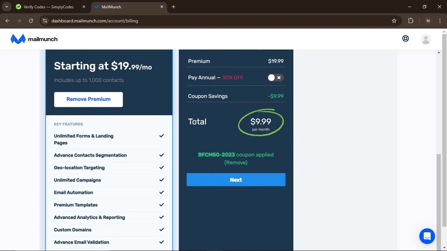 MailMunch checkout page showing MailMunch coupon code box | Screenshot taken by SimplyCodes community member on Oct 29, 2024