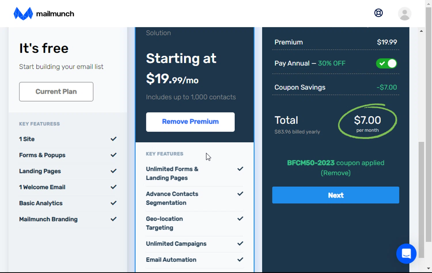 MailMunch checkout page showing MailMunch coupon code box | Screenshot taken by SimplyCodes community member on Sep 1, 2024