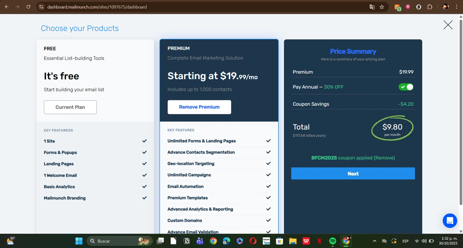 MailMunch coupon code screenshot showing code BFCM2025 applied at MailMunch checkout page. Uploaded by SimplyCodes community member ERI0810 on Oct 30, 2025