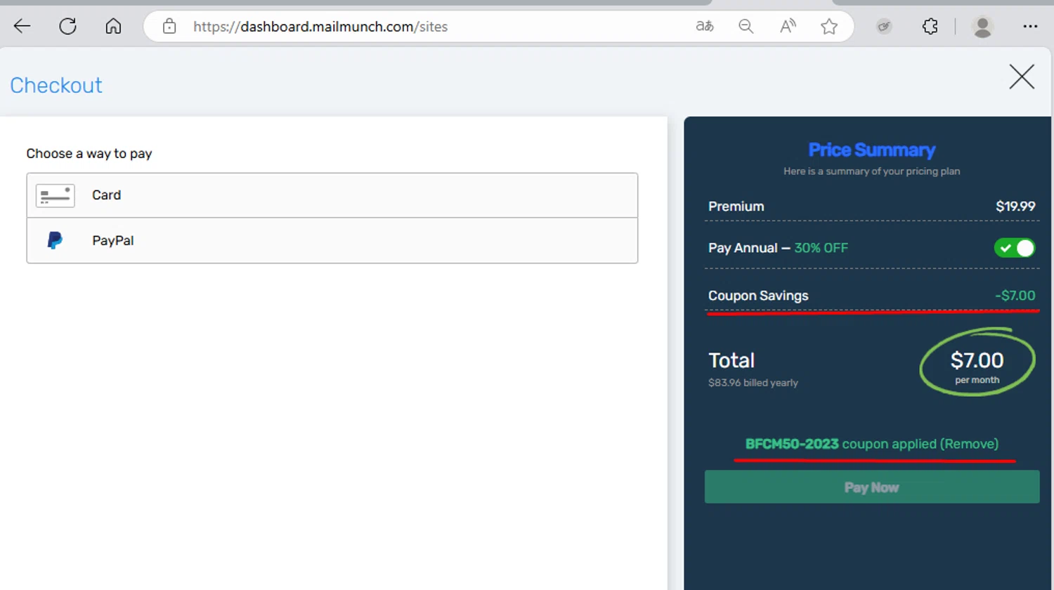 MailMunch coupon code screenshot showing code BFCM50-2023 applied at MailMunch checkout page. Uploaded by SimplyCodes community member paola49520 on Apr 23, 2025